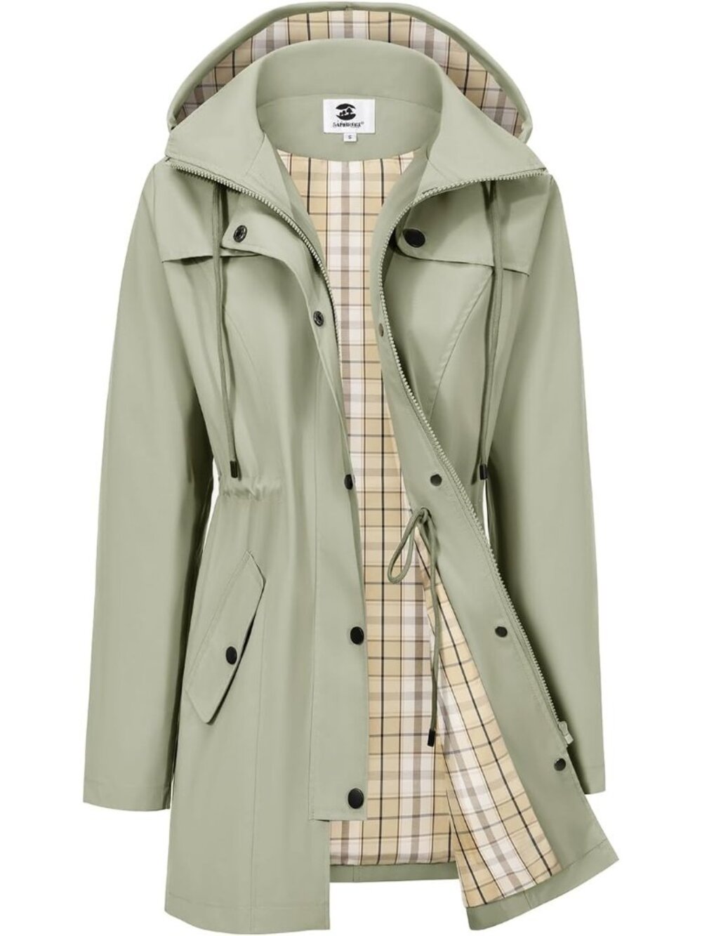 Women's Green Plaid Hooded Snap Pockets Drawstring Waist Waterproof Trench Coat